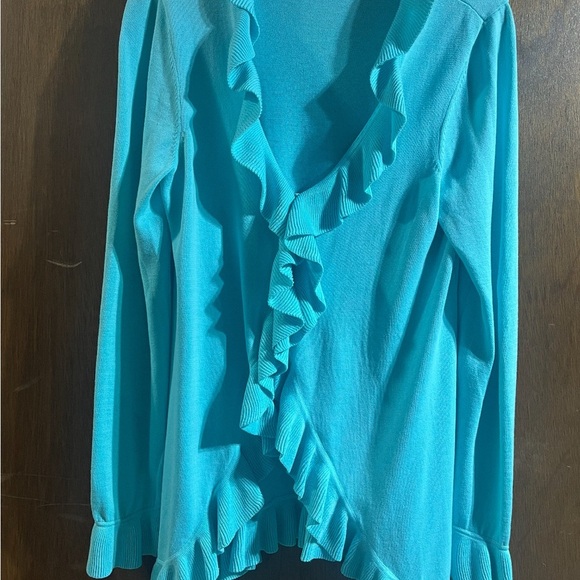Lilly Pulitzer Ruffle Trim Cardigan Sweater Blue Cotton Women’s L - Picture 5 of 7